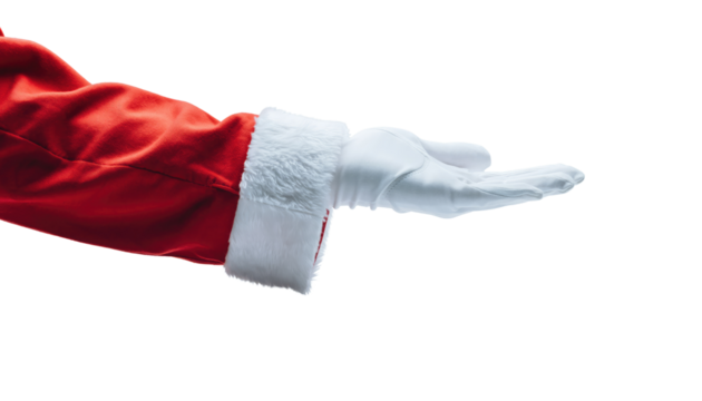 Santa claus arm in red coat and white glove extending hand on a black background in studio shot