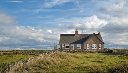 Picturesque stone cottage nestled in a vibrant green field under a cloudy sky