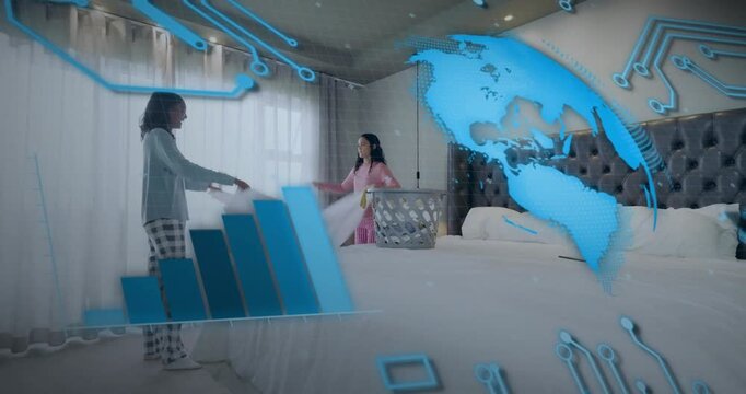 Roommates reaching laundry basket unfolding sheet for bed-making with animated globe and bar chart