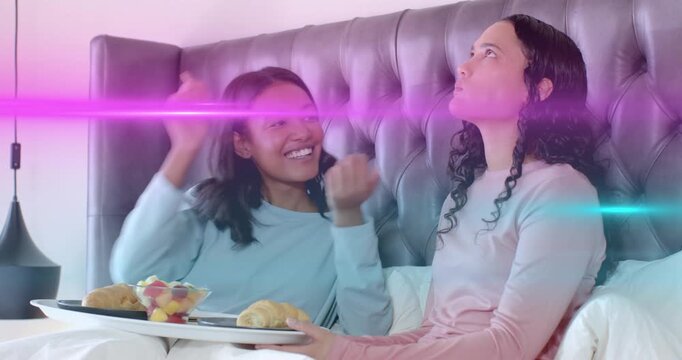 Couple sharing breakfast after first bite, blending eating with animated health data for food ad