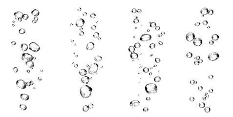 Clear water bubbles rising on white background in macro photography, showing purity, freshness, and...