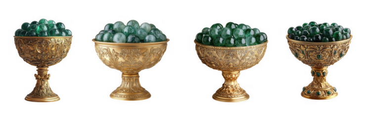 Four ornate golden goblets filled with green gemstones, isolated on transparent background