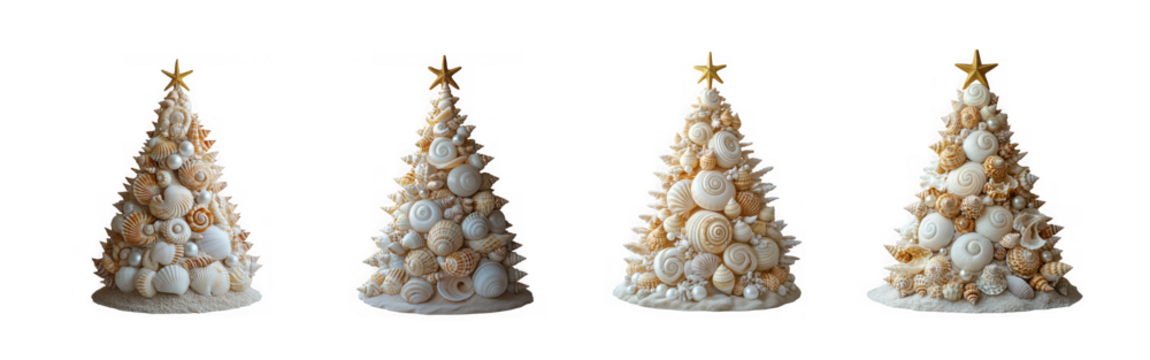 Four decorated christmas trees with ornaments and star, isolated on transparent background - Powered by Adobe