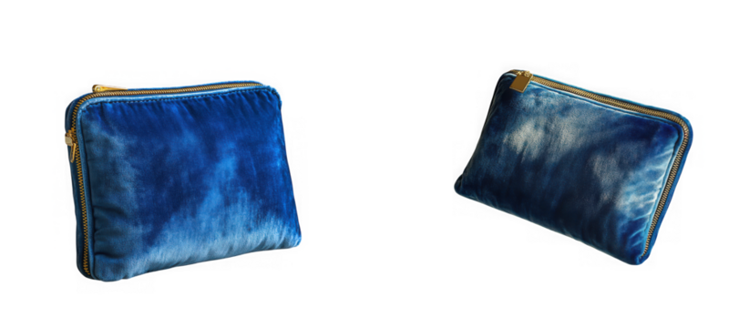 Two blue velvet coin purses with gold zippers isolated on transparent background