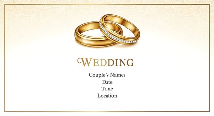 Elegant Wedding Invitation with Gold Rings and Customizable Text Fields.