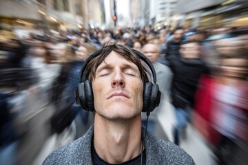 A handsome man standing still on a busy city street, calmly listening to music with black over-ear headphones.