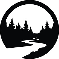 Vector forest landscape with river in circle frame silhouette illustration
