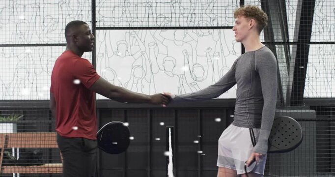Man walking toward padel net greeting opponent before recapping match with floating white particles