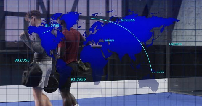 Padel partners entering blue turf court carrying rackets stretching hamstrings near net before exit