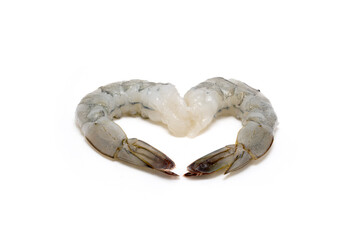 Raw shrimp heart shape on white background, seafood love concept