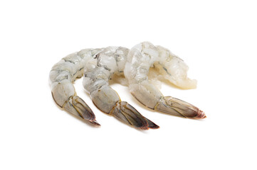 Three raw grey shrimp arranged on white background, minimalist seafood