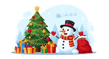 Cheerful snowman with Christmas tree and presents in snowy winter landscape