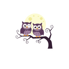 Two Owls on Tree with Full Moon Vector Illustration