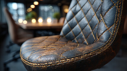 Detail shot macro of a chair armrest in conference room, golden ratio placement, soft side lighting accentuating stitching