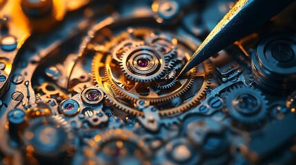 Watch mechanism detail with closeup, and gears.