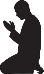 Silhouette of Muslim man praying on his knees with faith