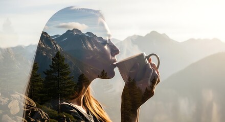 Double exposure of woman drinking coffee with mountain landscape overlay.