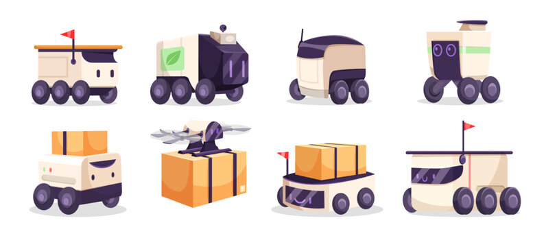 Collection of cute autonomous delivery robots and drones in cartoon style on white background. Concept of futuristic parcel transport. Vector illustration