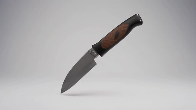 Surreal floating Kukri knife with black handle, isolated on white background&mdash;bold, minimal, and striking composition for stock or conceptual use.