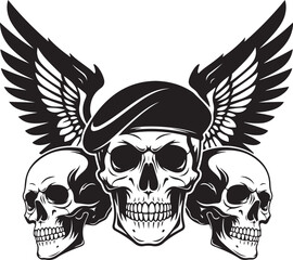 Trio of Skulls with Wings and Beret Artistic Black and White