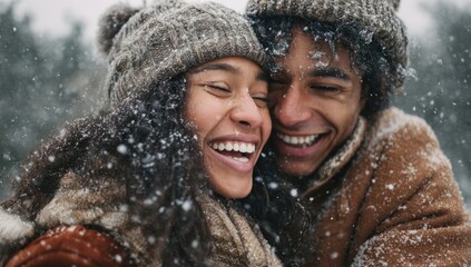 A happy couple laughing and hugging in the snow.