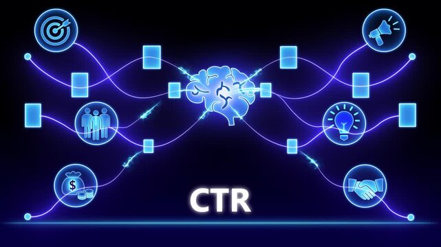 Blue Glowing CTR Acronym Connected to Brain and Business Icons on Dark Background click through rate