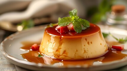 Close up of a caramel flan dessert garnished with mint and strawberries on a decorative plate