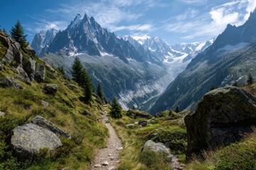 Naklejka premium Majestic snowy mountain peaks under blue skies with wispy clouds, winding path through rocky terrain, vibrant greenery, and a dramatic glacier valley creating nature's breathtaking grandeur
