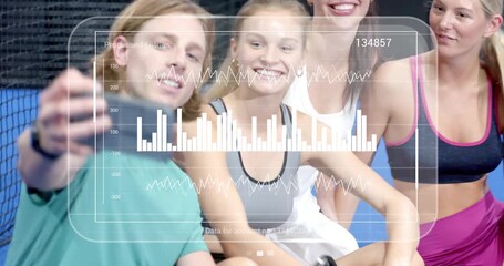 Tennis players pointing at sports analytics overlay leaning in for phone selfie capturing moment - Powered by Adobe