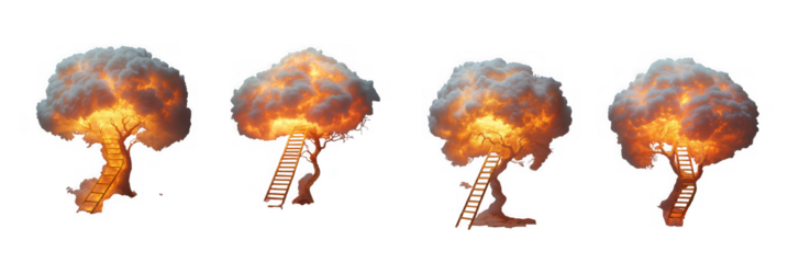 Four stylized trees engulfed in vibrant orange and yellow flames, with ladders leaning against some, creating a dramatic, fiery scene isolated on transparent background