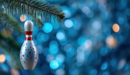 A Christmas ornament in the shape of a bowling pin hanging on a Christmas tree.