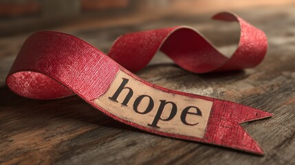 Ribbon with hope tag resting on rustic wooden table in soft ambient light creating a warm and uplifting atmosphere