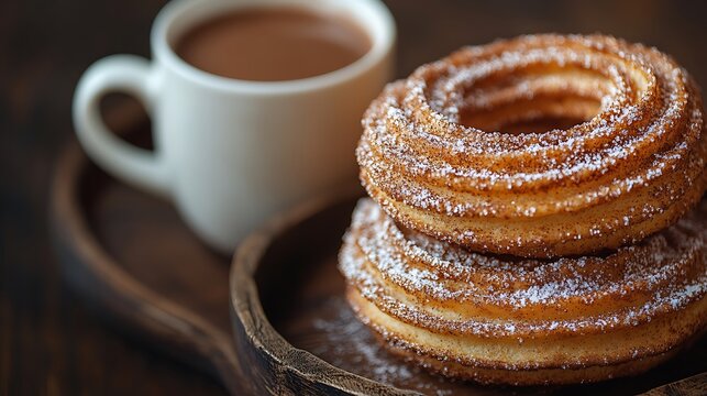 Churros and hot chocolate on a wooden tray. - Powered by Adobe