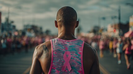Athlete prepares for race in ribbon jersey, promoting awareness and determination before the event