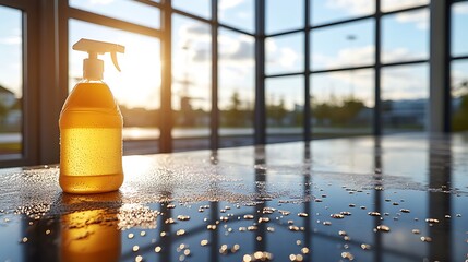 Cleaning Spray Bottle on Table with Sunny Window.