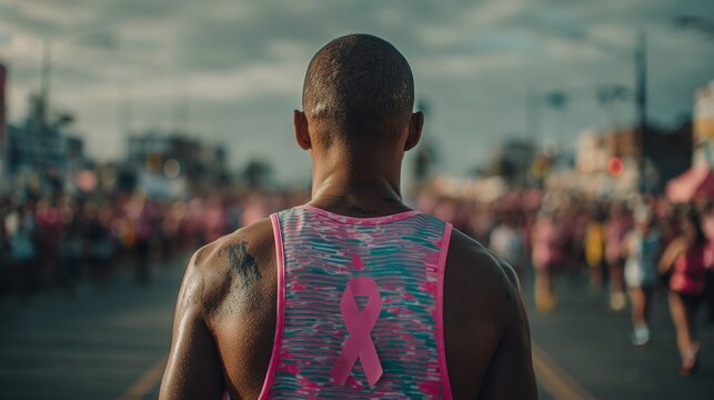 Athlete prepares for race in ribbon jersey, promoting awareness and determination before the event