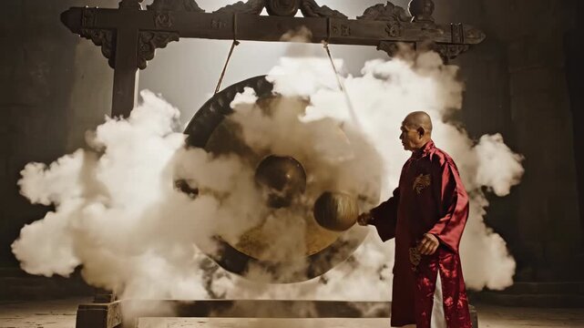 A Buddhist monk strikes a large gong creating a cloud of smoke with traditional attire and ancient temple setting
