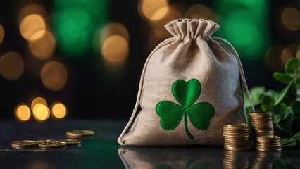 Green cloth bag with shamrock, coins, bright bokeh lights in the background