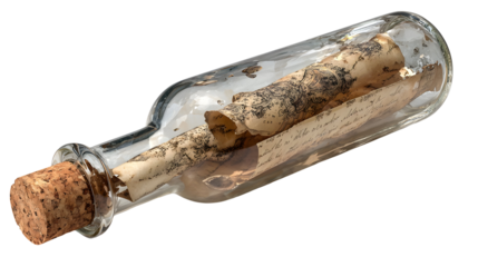 Antique scroll and map in glass bottle with cork stopper