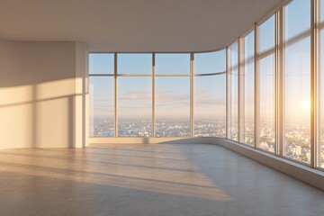 Obraz premium Expansive modern interior space offers panoramic city views through large curved windows during sunrise or sunset