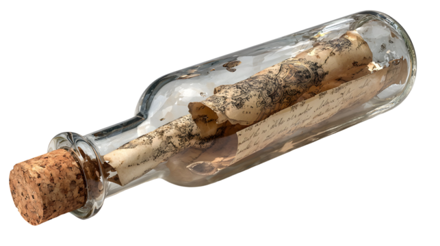 Antique scroll and map in glass bottle with cork stopper