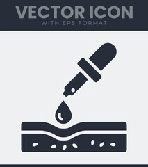 Dropper applying serum liquid to skin surface, symbolizing dermatology, cosmetic care, and hydration treatment