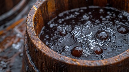 Fermenting beverage in wooden barrel.