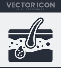 Detailed vector icon of hair follicle and sebaceous gland in skin cross-section, illustrating human integumentary system biology