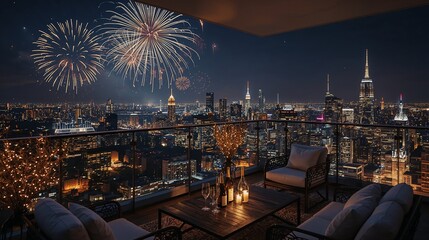Naklejka premium New york city skyline fireworks rooftop celebration night view cityscape urban luxury apartment party decor