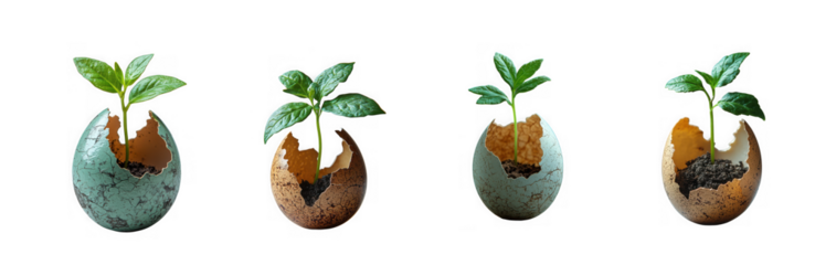 Four young green sprouts growing in broken eggshells, isolated on transparent background