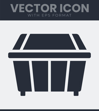 Industrial waste container icon. Dumpster, bin, disposal, recycling, environmental, pollution, construction, urban, sanitation, rubbish, trash, storage and more. Solid vector symbol illustration