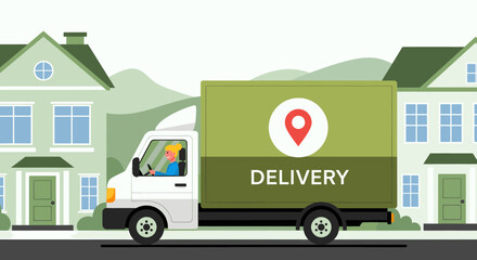 Delivery truck with a location pin icon and the word delivery on the side, driving in a suburban neighborhood