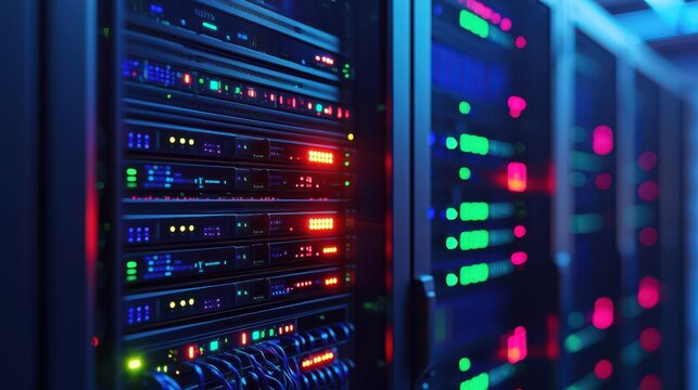 A close-up view of illuminated server racks in a data center, showcasing colorful LED lights and technology infrastructure.