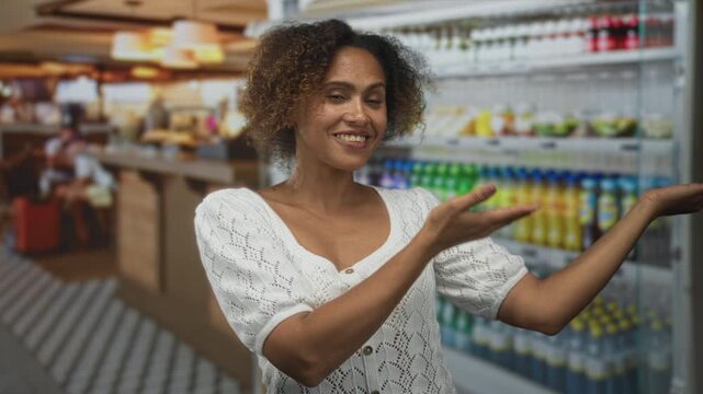 Woman wearing white sweater showing bottled drinks on supermarket shelf with outstretched arm in building; contentment.